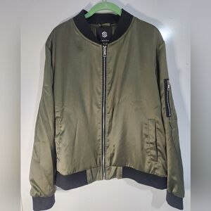 Women's Olive Green Bomber Jacket with Black Trim, Size 2xl
